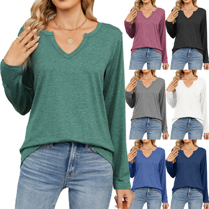 V-Neck Long Sleeve Loose T-Shirts Solid Color Tops Wholesale Womens Clothing N3824072900064