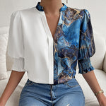 Elegant Bubble Sleeve Color Blocking Print V-Neck Top Wholesale Womens Tops