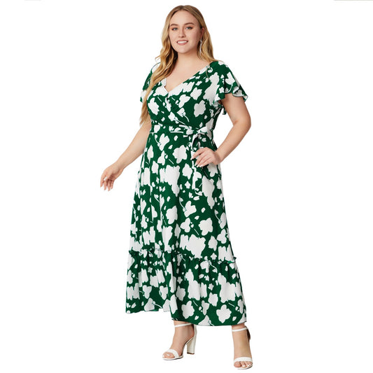 Plus Size V Neck Printed Ruffle Short Sleeve Dress Wholesale Womens Clothing N3824080300052