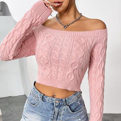 Solid Colour Sexy Cropped Pink One Neck Strapless Knitted Sweater Wholesale Womens Clothing N3824091200154