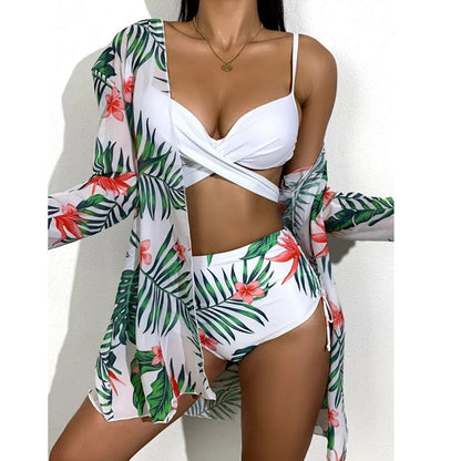 Hollow Strap Printed High Waist Bikini Three Piece Set Wholesale Women'S Clothing