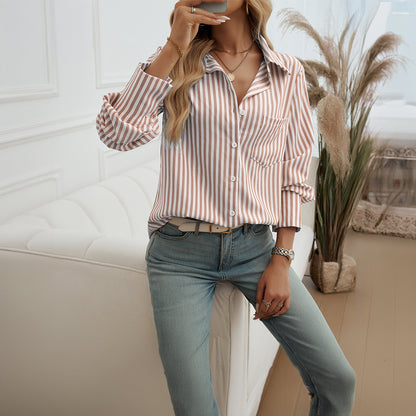 Striped Long Sleeve Lapel Shirts Wholesale Womens Clothing N3824080700062