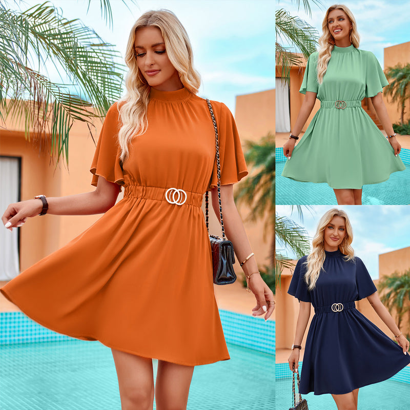 Solid Color Half Turtle Neck Short Sleeve Belt Casual Dresses Wholesale Womens Clothing N3824050700052
