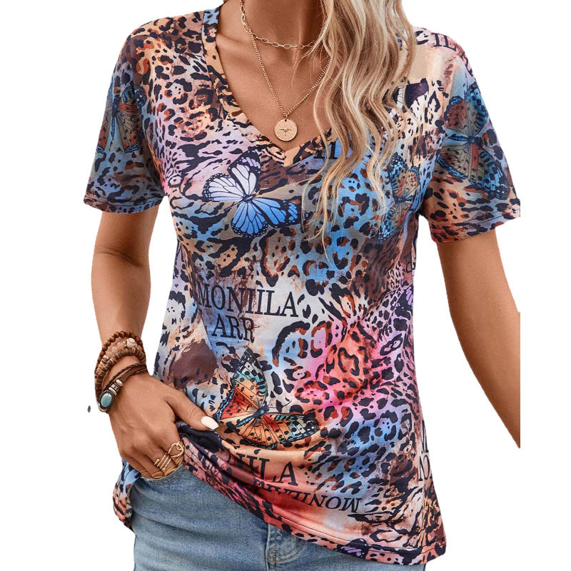 Leopard Butterfly Print V-Neck Short Sleeve T-Shirt Wholesale Womens Clothing N3824022600052