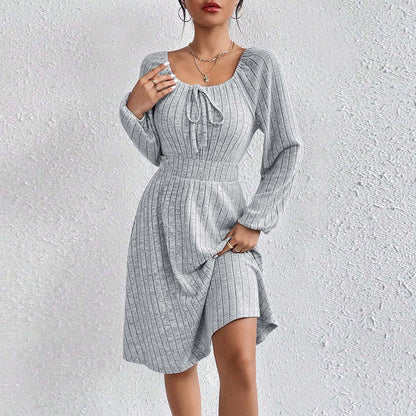 Square Neck Waist Ribbed Long Sleeve Dresses Wholesale Womens Clothing N3824072000221