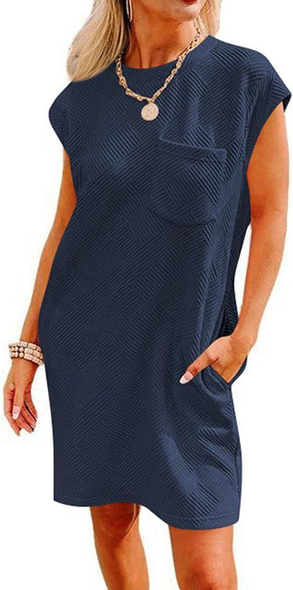 Jacquard Crew Neck Pocket Short Sleeve Loose Dresses Wholesale Womens Clothing N3824052000074