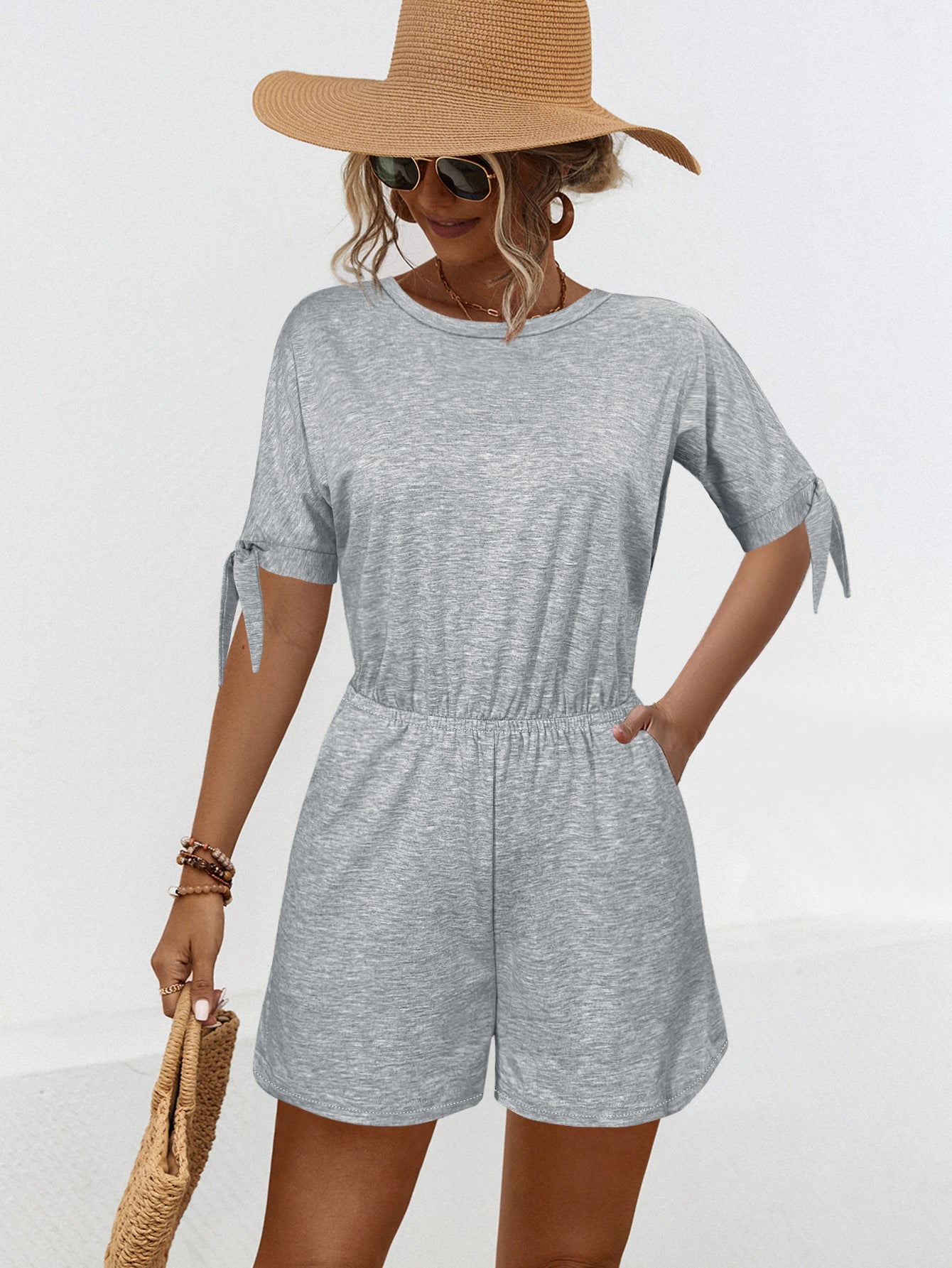 Split Sleeve Solid Color Lace Up Casual Rompers & Jumpsuit Wholesale Womens Clothing N3824050700111