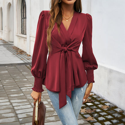 Casual V-Neck Tops Solid Color Long Sleeve Blouses Wholesale Womens Clothing N3824071500017