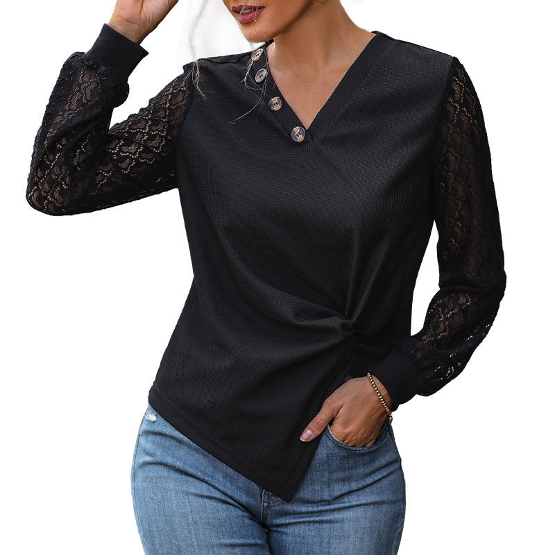 Black Lace Long Sleeve Knit Tops Wholesale Womens Clothing N3824070500036