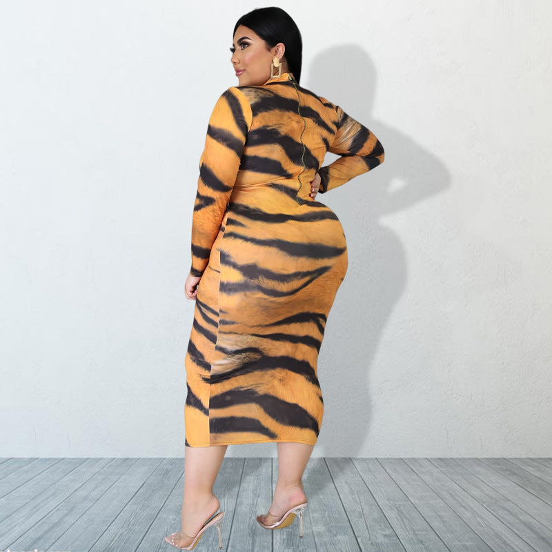 Wholesale Plus Size Womens Clothing Bodycon Leopard Print Long Sleeve Round Neck Dress