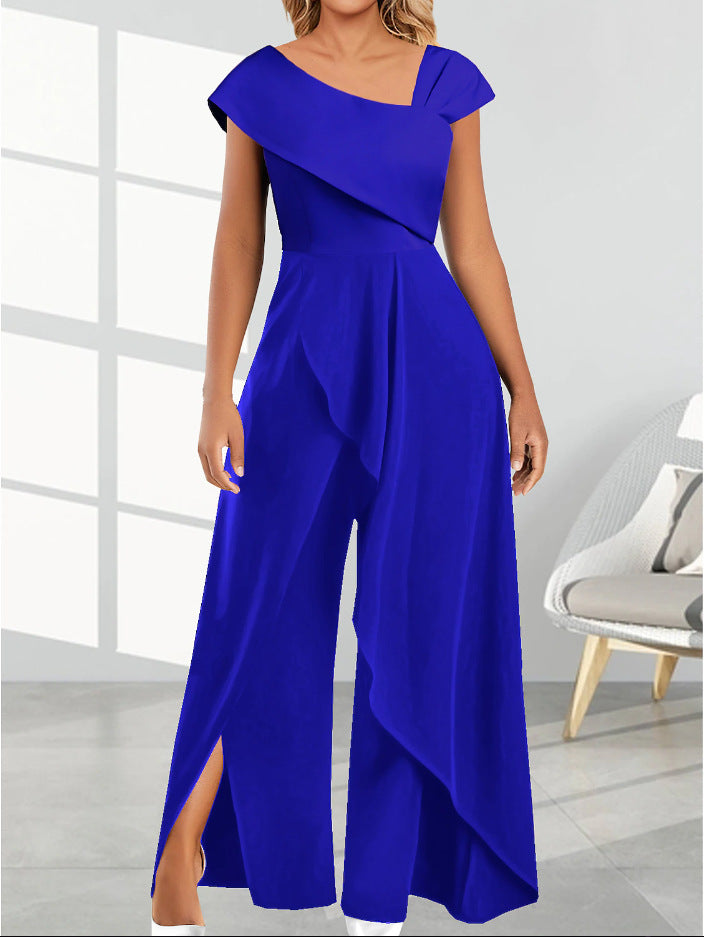 Fashion Slant Neck Solid Color Long Jumpsuit Wholesale Jumpsuits