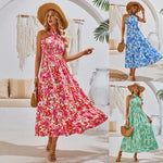 Printed Smocked Halter Neck Maxi Dresses Wholesale Womens Clothing N3824050700045