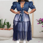 Elegant Blue Denim Patchwork Mesh Dress Wholesale Plus Size Womens Clothing N3823091200037