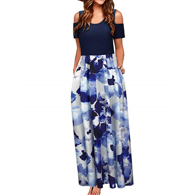 Floral Print Color Block Short Sleeve Maxi Dresses Wholesale Womens Clothing N3824040700343