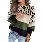 Round Neck Pullover Knit Leopard Contrast Color Sweater Wholesale Women'S Top