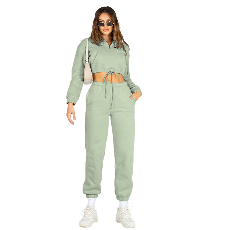 Solid Color Stand Collar Zipper Drawstring Fleece Sweatshirt And Sweatpants Set Wholesale Womens Clothing N3823103000040