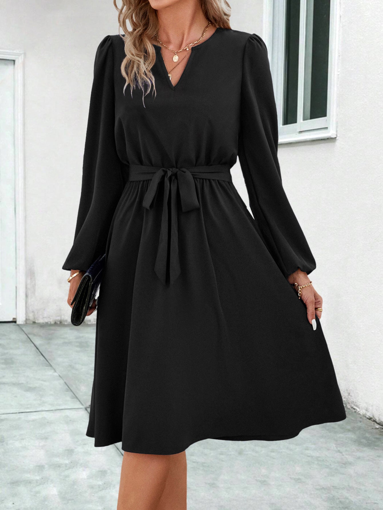 Long Sleeve V-Neck Tie Midi Dresses Wholesale Womens Clothing N3824062800049