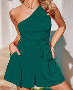 One Shoulder Sleeveless Strapless Pocket Casual Solid Color Playssuits Wholesale Womens Clothing