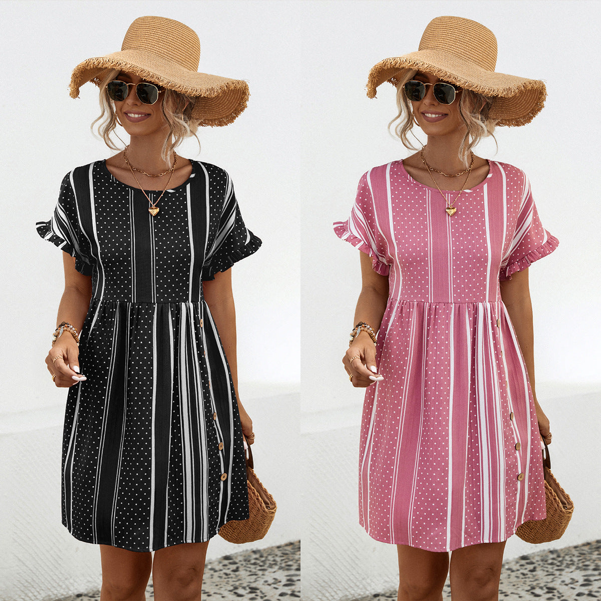 Striped Ruffle Sleeve Round Neck Dresses Wholesale Womens Clothing N3824042900056