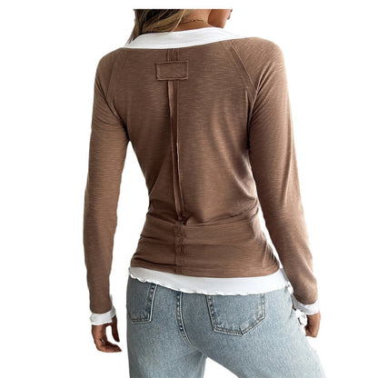 Slim Fit Fake Two Piece Round Neck Long Sleeve T-Shirts Wholesale Womens Clothing N3824101000002