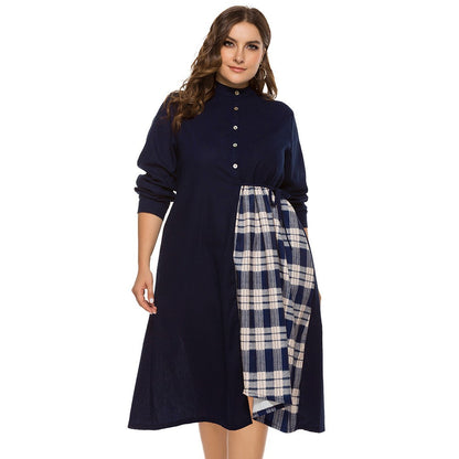 Casual Round Neck Plaid Patchwork Long Sleeve Dress Wholesale Dresses