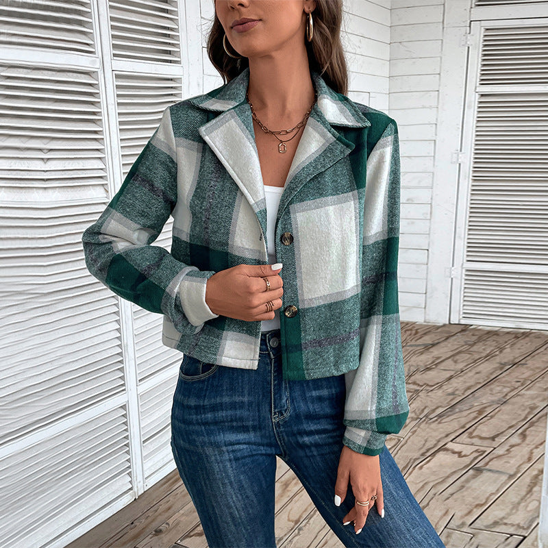 Fall Long Sleeve Cropped Lapel Plaid Jackets & Coats Wholesale Womens Clothing N3824080900018