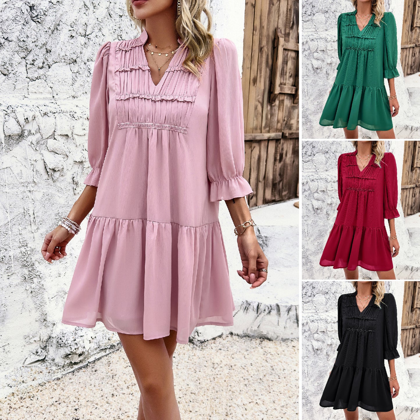 Solid Color Casual V-Neck Dresses Wholesale Womens Clothing N3824040100108