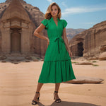 Solid Color V-Neck Dresses With Belt Wholesale Womens Clothing N3824041600019