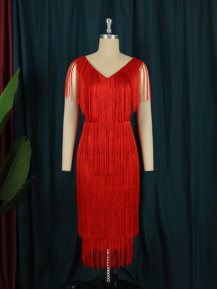 Fashion V-Neck Sleeveless High Waist Mid-Length Fringe Hip Dress Wholesale Dresses