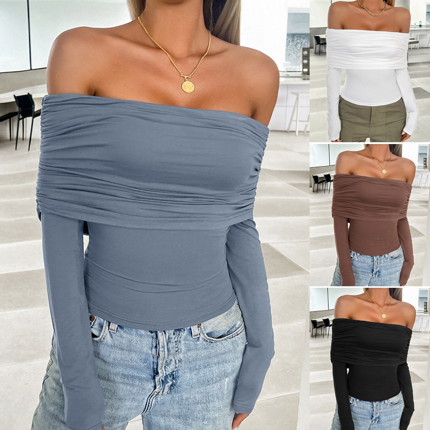 Casual Solid Color Pullover One Shoulder Tops Wholesale Womens Clothing N3824060600039