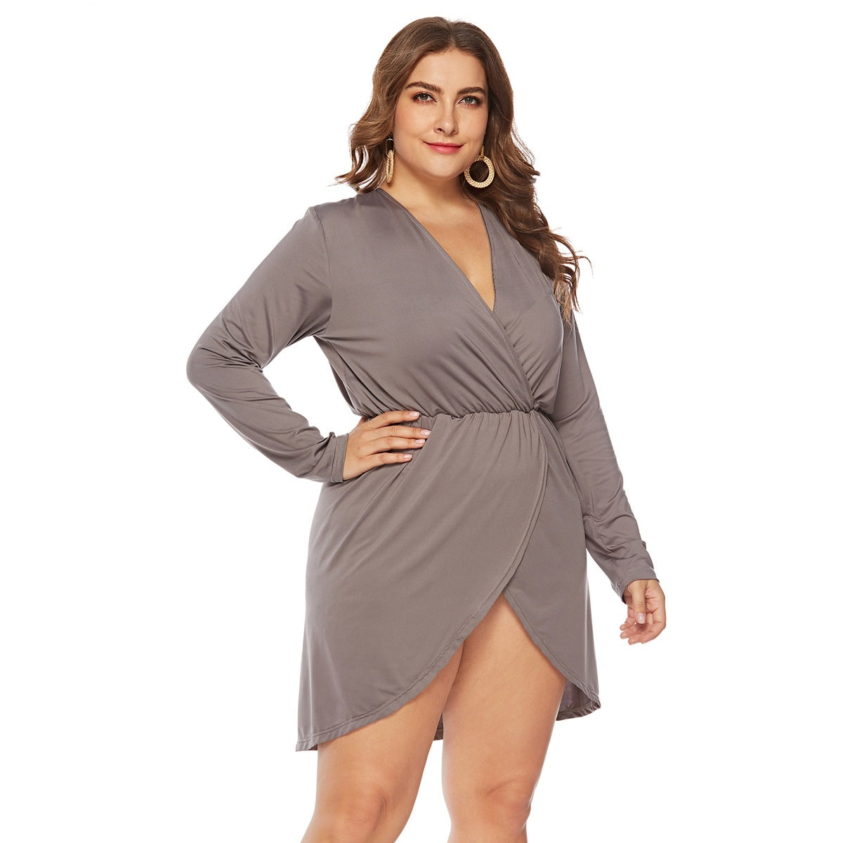 Plus Size Long Sleeve V-Neck Slit Tunic Dresses Wholesale Womens Clothing N3824080300026