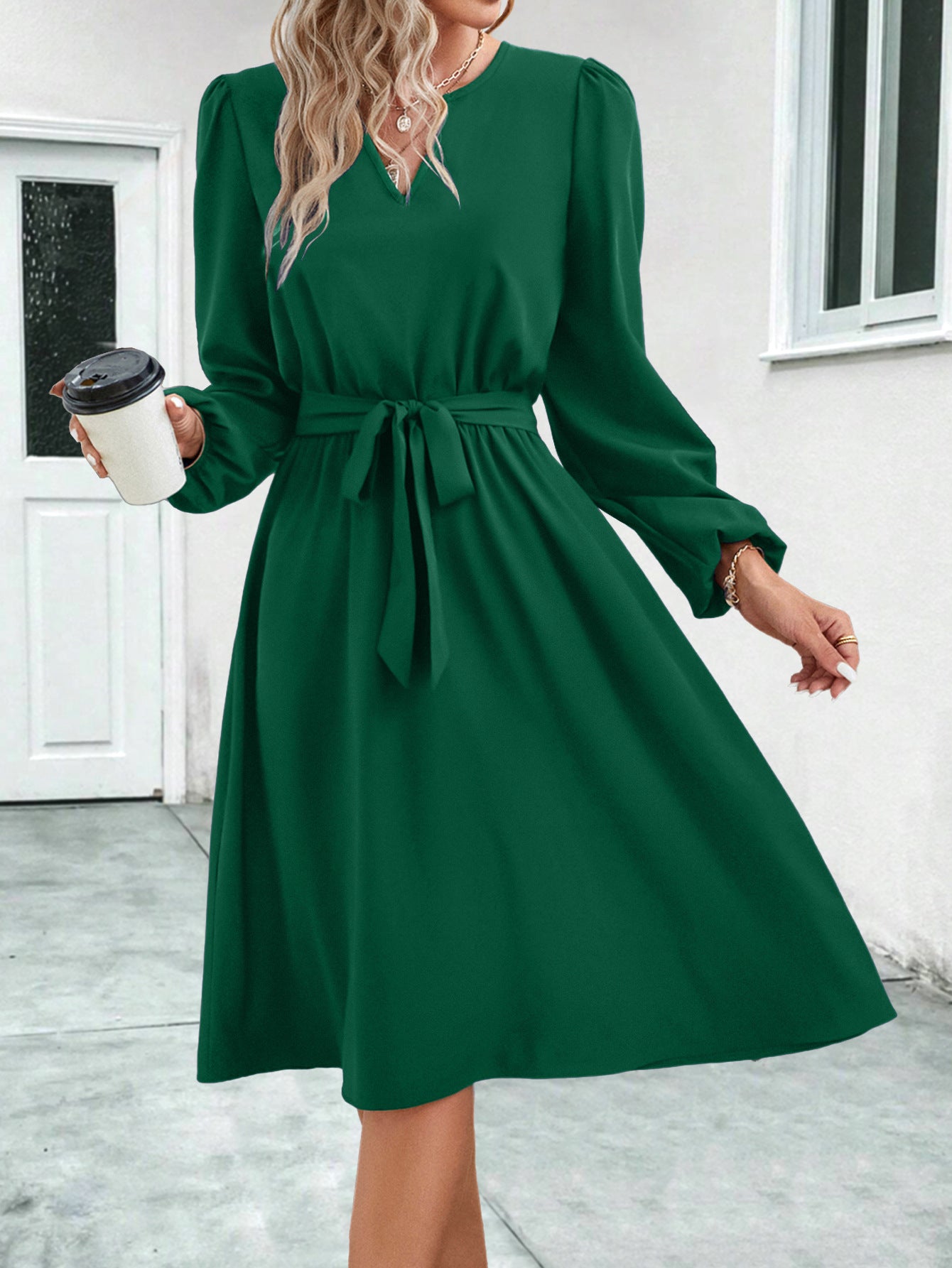 Long Sleeve V-Neck Tie Midi Dresses Wholesale Womens Clothing N3824062800049