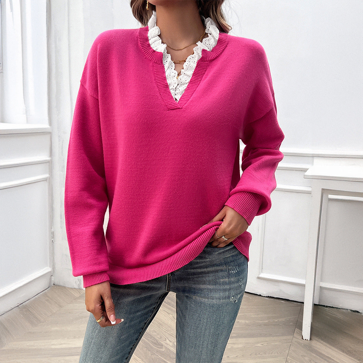 Loose V-Neck Long Sleeve Sweater Wholesale Womens Clothing N3824062400020