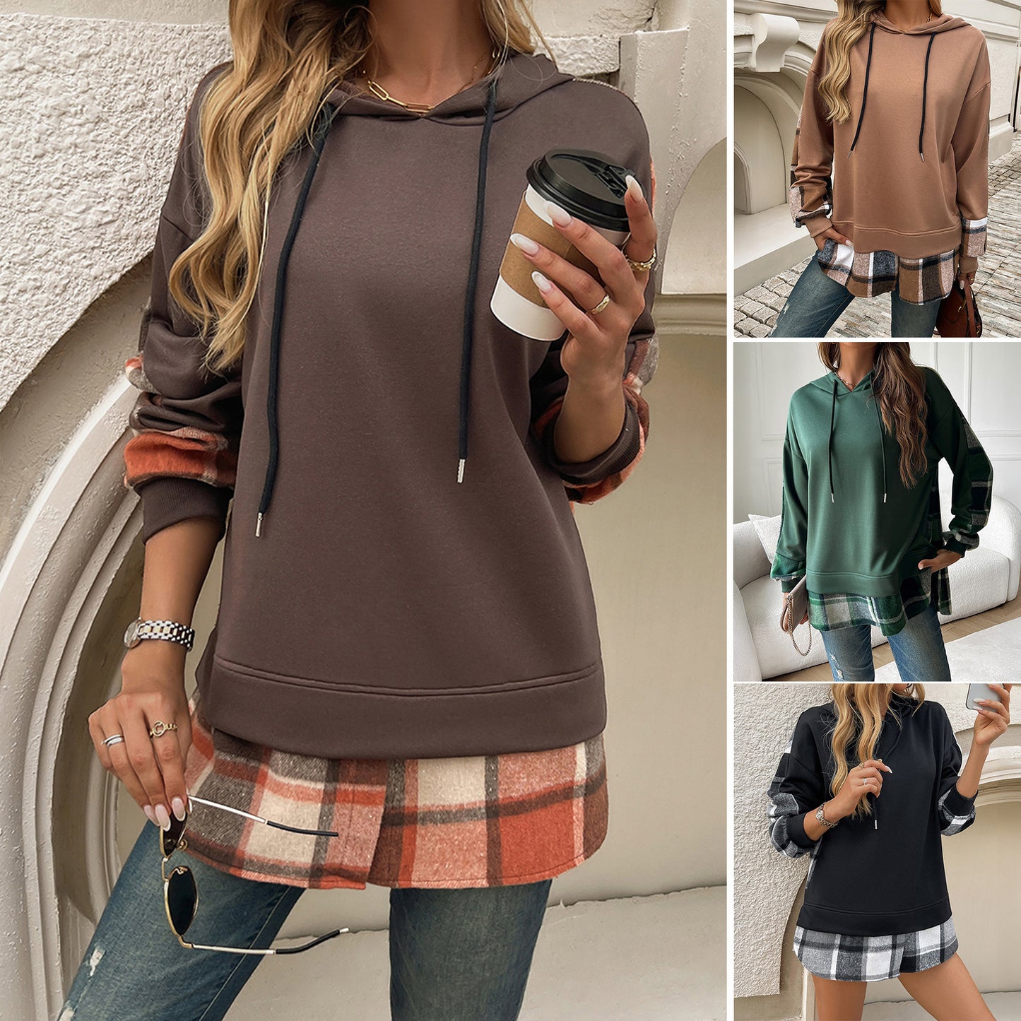 Colorblocked Casual Fake Two Piece Patchwork Hooded Sweatshirts Wholesale Womens Clothing N3824101000019