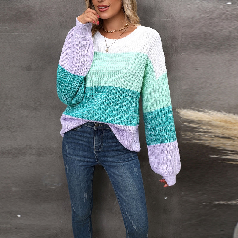 Casual Long Sleeve Patchwork Colorblocked Crew Neck Sweater Wholesale Womens Tops