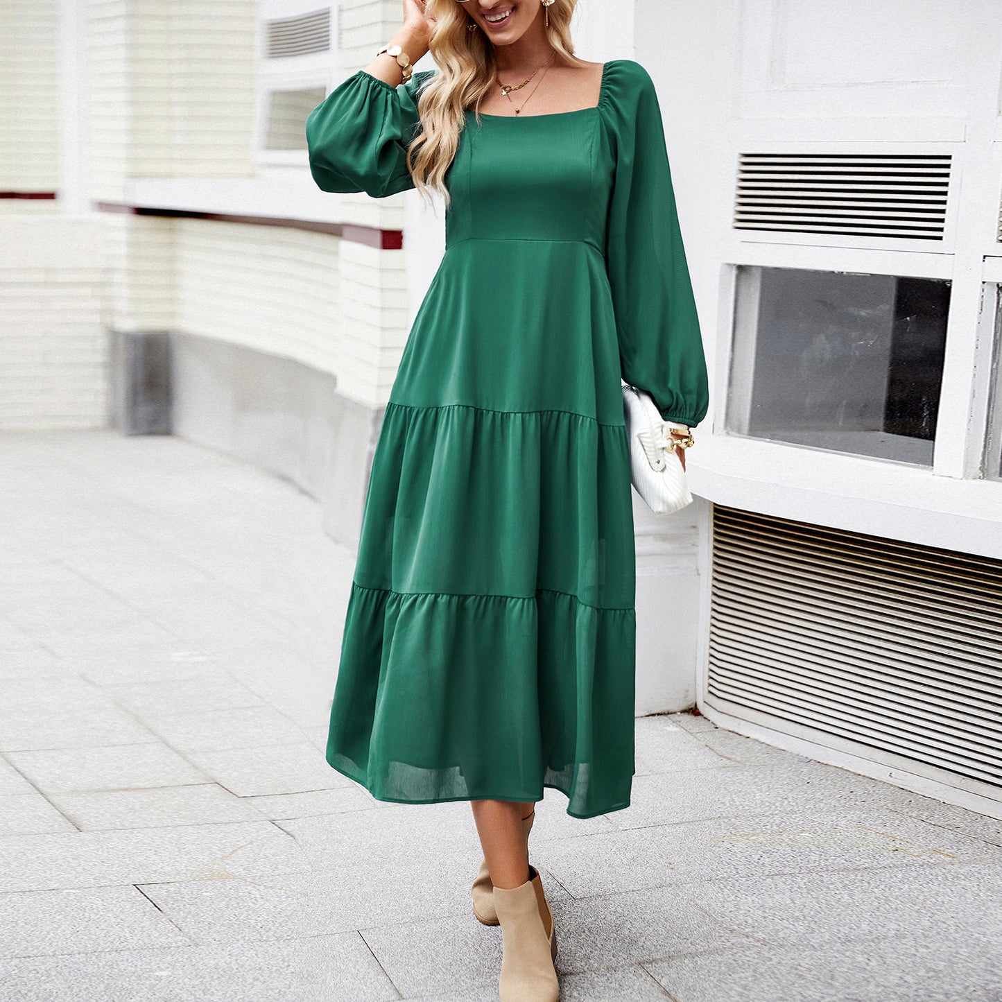 Solid Color Square Neck Temperament Elegant Dress Wholesale Dresses