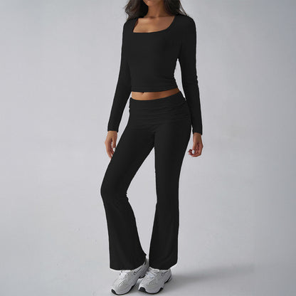 Solid Color Casual Knit Long Sleeve Top Pant Yoga Wear Two Piece Set Wholesale Womens Clothing N3824101000021