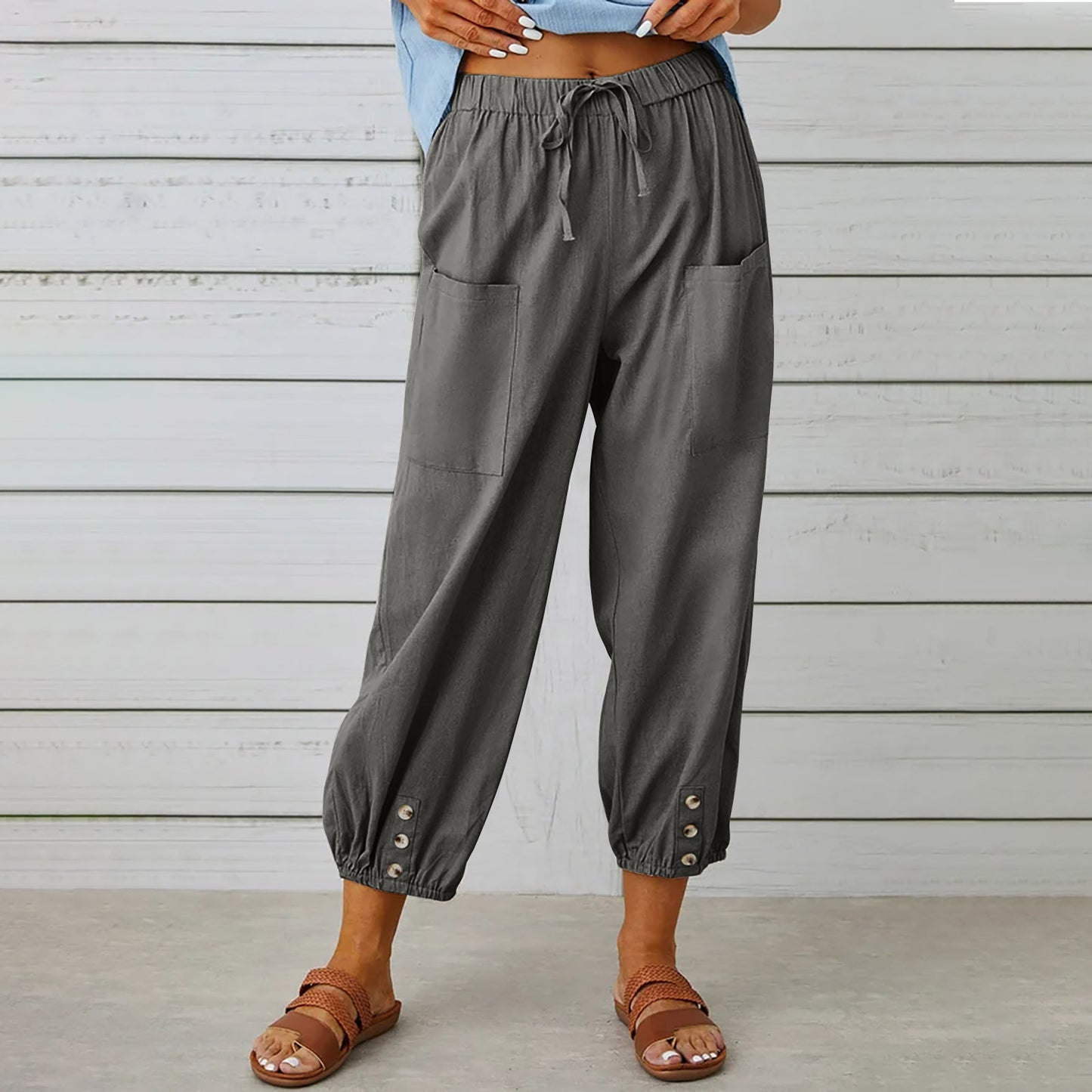 Loose High Waist Buttoned Cotton Linen Pants Nine Minute Wide Leg Pants Wholesale Womens Clothing N3824091200196