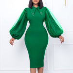 Fashion Bubble Sleeve Beaded Pointed Collar Mesh Splicing Hip Pencil Skirt Wholesale Dresses