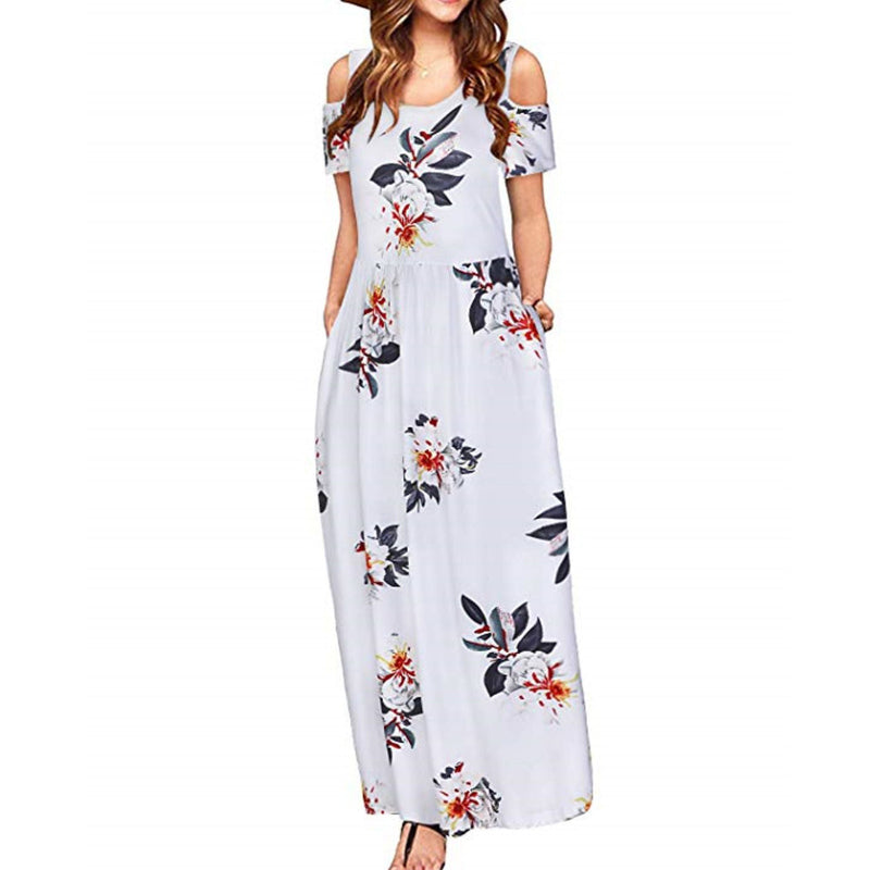 Floral Print Color Block Short Sleeve Maxi Dresses Wholesale Womens Clothing N3824040700343