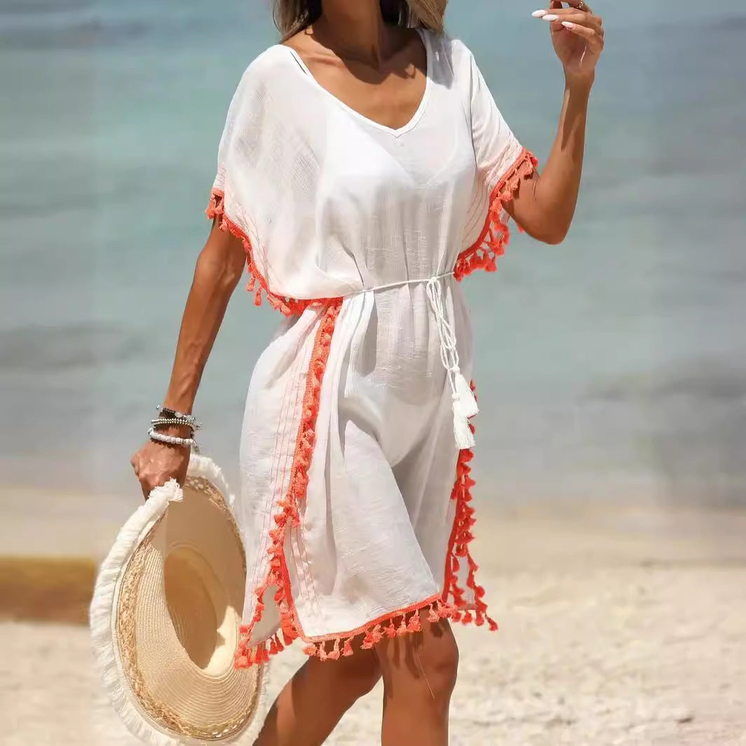 Cotton Tasseled Trim Colorblocked Beach Dresses Bikini Coverup Wholesale Womens Clothing N3824081300002