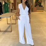 Sleeveless Solid Color V-Neck Slim Fit Loose Wide-Leg Jumpsuit Wholesale Womens Clothing