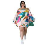 Loose puff sleeve one shoulder printed dress Wholesale Plus Size Casual Dresses N3823100900056