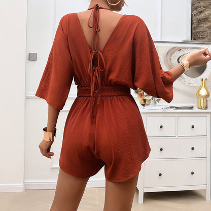 Waist Solid Color Halter Short Jumpsuit Wholesale Womens Clothing N3824120600009