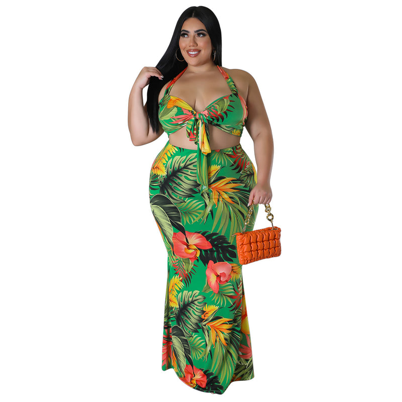 Wholesale Plus Size Clothing Fashion Print Neck Lace-Up Top And Hip Skirt Set