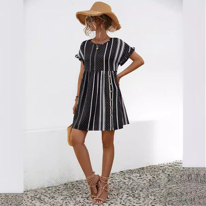 Striped Ruffle Sleeve Round Neck Dresses Wholesale Womens Clothing N3824042900056