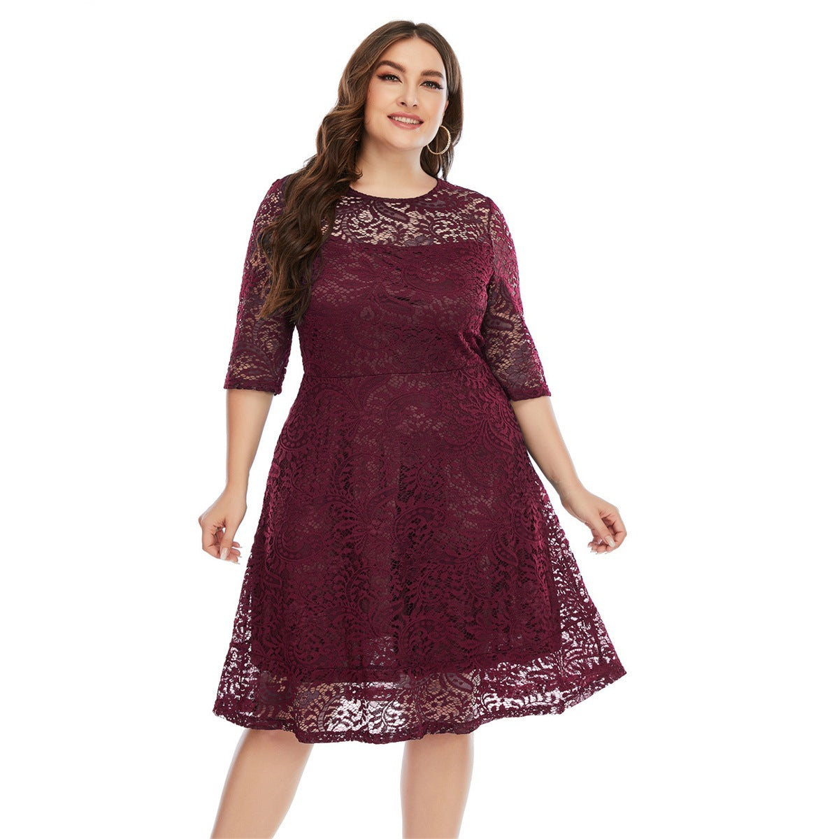 Plus Size Round Neck Lace Midi Gown Dresses Wholesale Womens Clothing N3824080300049