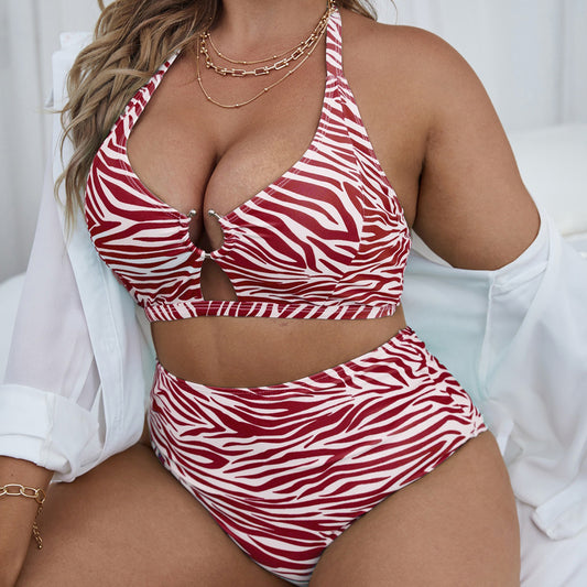 Wholesale Women Plus Size Clothing Split Two-Piece Zebra Print Hollow Halter Neck Swimsuit