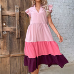 Loose V-Neck Stitching Color Ruffled Sleeve Dress Wholesale Dresses