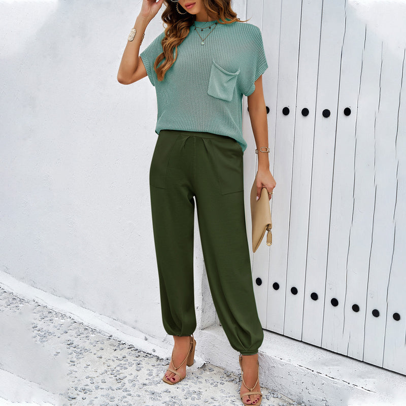 Casual Solid Color Wool Pocket Tops Pants Suit Wholesale Womens Clothing N3824040100128